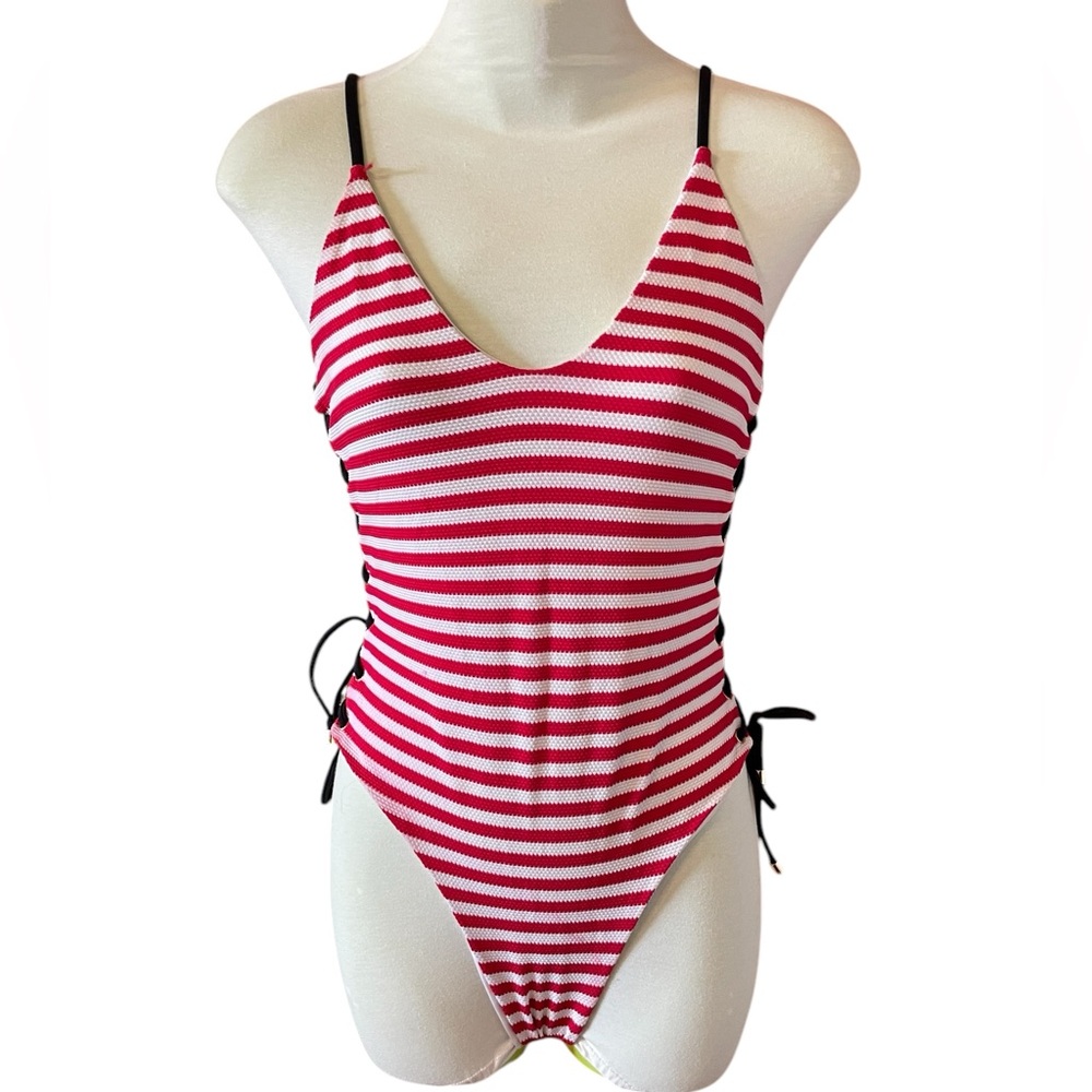 GUESS white red striped one piece swim suit lace-up side
